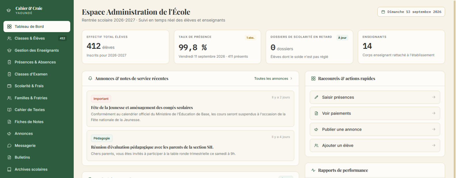 Le tableau de bord de la direction : effectif, taux de présence, dossiers de scolarité en retard et annonces récentes.