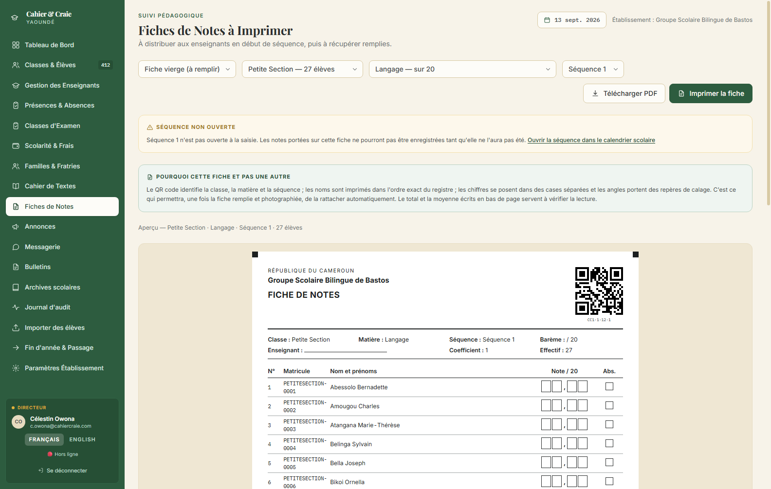 Une fiche de notes prête à imprimer : les noms des élèves dans l'ordre du registre, des cases à caractère et un QR code d'identification.